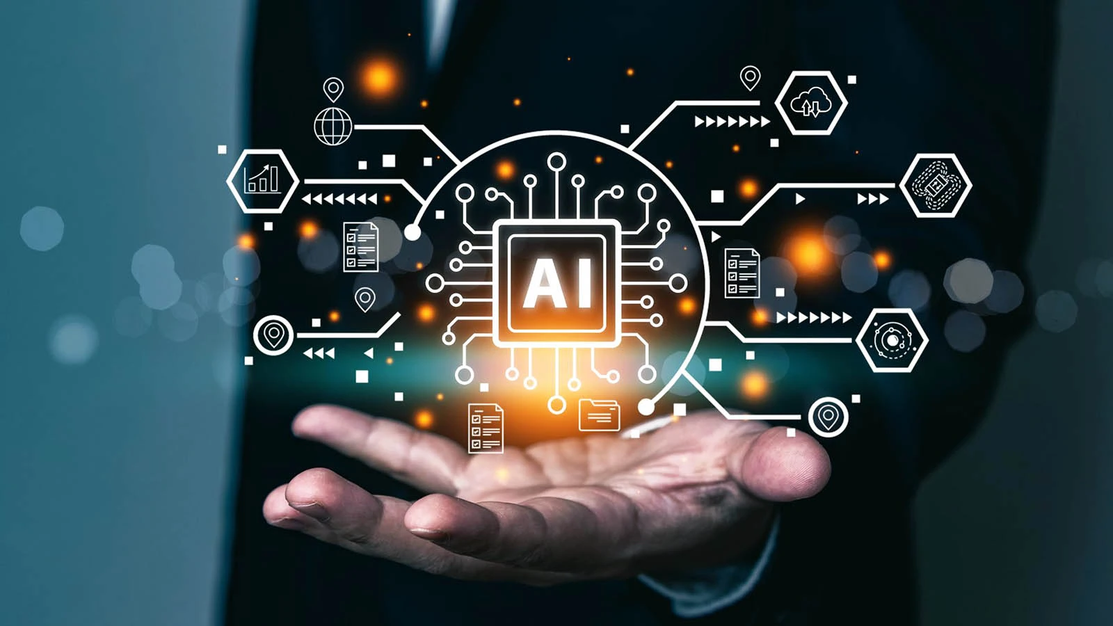 hand outstretched with AI web on top